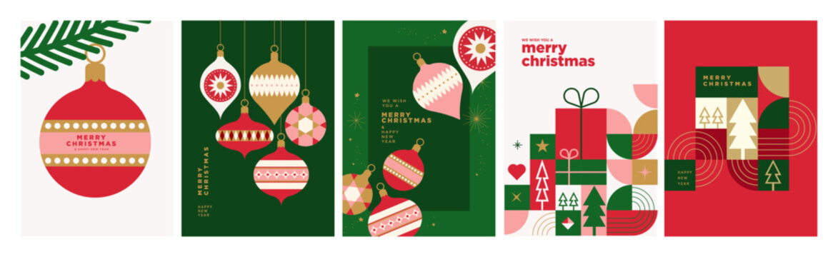 Merry Christmas and Happy New Year greeting cards for business and personal use. Colorful modern vector illustrations for greeting card, website banner, social media banner, marketing material.