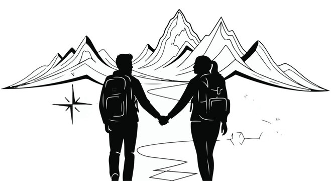 Adventurous couple holding hands on a scenic mountain trail, ready for exploration
