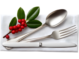 Festive Christmas table setting with holly leaves, red berries, and silver cutlery isolated on transparent background, perfect for dining themes.