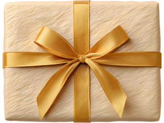 Christmas gift box wrapped in kraft paper with shiny golden ribbon and bow isolated on transparent background, ideal for festive design.