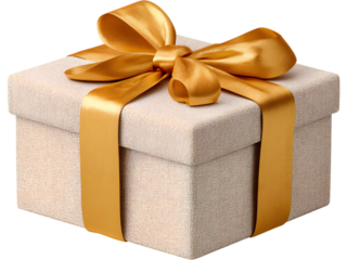 Christmas gift box wrapped in kraft paper with shiny golden ribbon and bow isolated on transparent background, ideal for festive design.