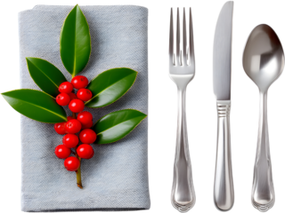 Festive Christmas table setting with holly leaves, red berries, and silver cutlery isolated on transparent background, perfect for dining themes.