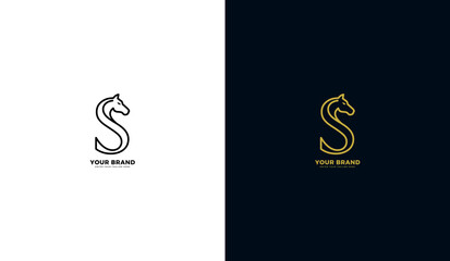 Letter S logo with minimalist line horse symbol, letter r horse head icon. Vector design template