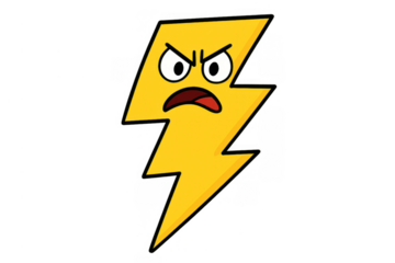 Angry lightning bolt cartoon character expressing rage and frustration, symbolizing power, danger, and bad weather, transparent background