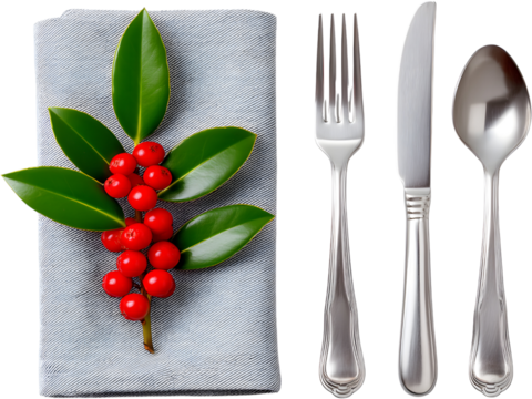Festive Christmas table setting with holly leaves, red berries, and silver cutlery isolated on transparent background, perfect for dining themes.