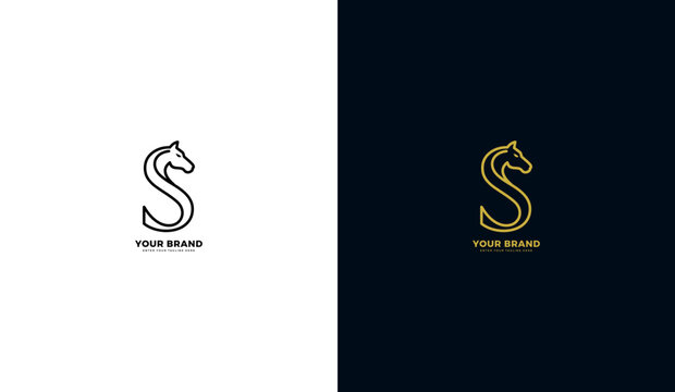 Letter S logo with minimalist line horse symbol, letter r horse head icon. Vector design template