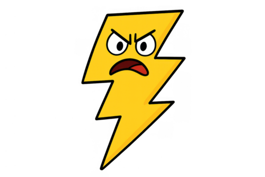 Angry lightning bolt cartoon character expressing rage and frustration, symbolizing power, danger, and bad weather, transparent background