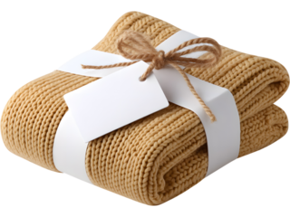 Warm knitted beige blanket tied with string and tag isolated on transparent background, perfect for cozy home and gift themes.