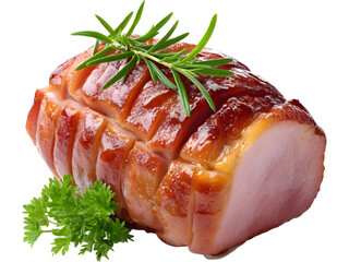 Delicious baked ham garnished with fresh rosemary isolated on transparent background, ideal for festive meal or food design themes.