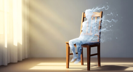 Ephemeral existence digital art of a figure fading away while seated in a chair with sunlit ambiance