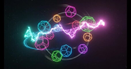 Abstract geometric shapes neon glowing orbiting energy particles digital animation dark background - Powered by Adobe