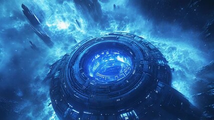 Futuristic space station generating warping portal energy in deep space - Powered by Adobe