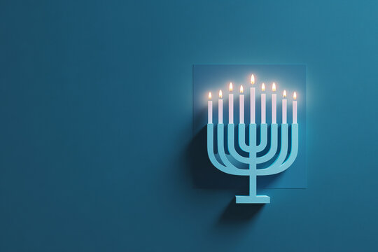 Minimalist Hanukkah design banner with glowing blue menorah and candles, elegant modern greeting card for Jewish festival of lights