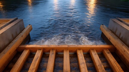 Fototapeta premium Tranquil wooden overflow gate at twilight with gentle water flow and soft reflections on the surface