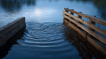 Tranquil water ripples near a wooden dock and concrete barrier at twilight