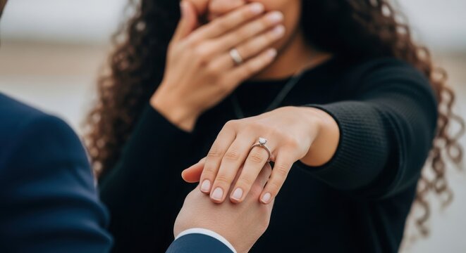 Proposal moment captures woman's surprise, revealing her engagement ring as love is celebrated. Proposal is joyfully accepted, signaling promise of a lifetime together,