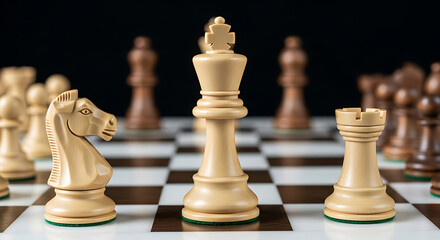 Strategic chess game setup featuring a king knight and rook preparing for intellectual battle on the checkered board