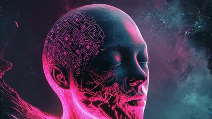 Artificial intelligence glowing head processing data in sci fi network - Powered by Adobe