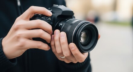 Close-up showing Camera in hand, held by unrecognizable photographer ready for taking photo. Camera allows to capture precious moments to last forever,