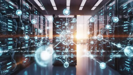 A man stands in a high-tech server room, observing the glowing data streams that connect servers. The man analyzes the connections and visualizations in this advanced technological - Powered by Adobe