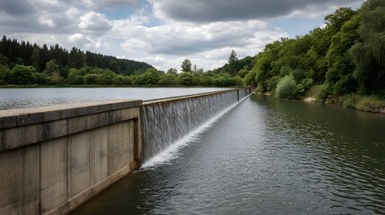Fototapeta premium A concrete dam with water cascading over its spillway surrounded by lush green trees under a cloudy sky