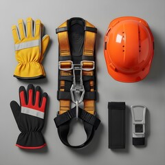 Arranged Industrial Safety Equipment Including Harness, Helmet, and Two Pairs of Gloves