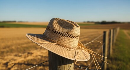 Cowboy hat on fence post in field, straw cowboy hat rests on weathered wooden fence against golden agricultural field, clear sky. Cowboy hat accessory evokes rural lifestyle, symbolizes ranching,
