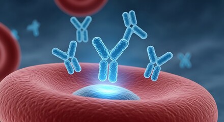 Close-Up of Human Antibodies Attaching to a Blood Cell for Immune Defense or Medical Research Purposes