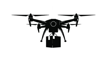 Modern drone delivering a package in a clean, futuristic silhouette
