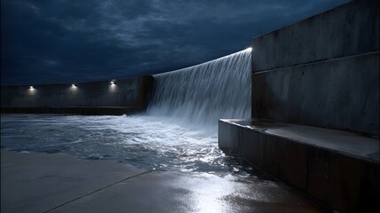 A modern concrete spillway with water cascading at night under a dramatic dark sky