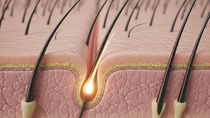 Close-Up of Hair Follicle with Hair Growth and Skin Layer, Dermal Structure in Fine Detail for Medical and Scientific Use