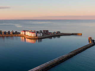 Aerial Sunset View of Olpenitz Harbor - Golden Hour Drone Shot Over Vacation Homes & Marina Baltic Sea Germany