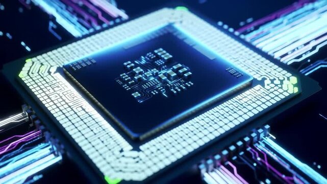 Close up of a modern computer processor chip with glowing lights.