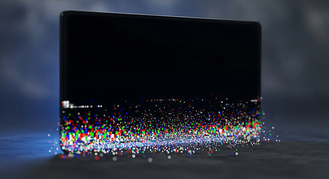 Digital screen dissolving into colorful particles data streams abstract technology concept futuristic display