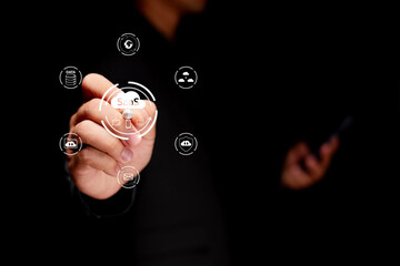 A person interacts with digital icons representing SaaS, illustrating technology and innovation in a dark background.