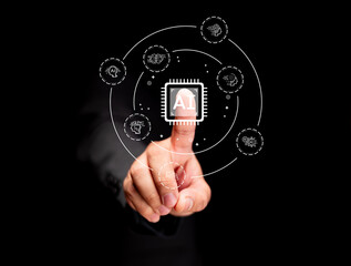 A hand touches an AI chip, surrounded by digital icons representing artificial intelligence concepts and technologies.