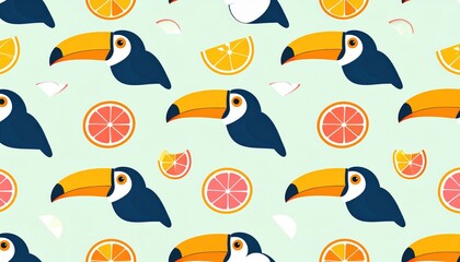 Obraz premium Colorful pattern featuring toucans and citrus fruits on a light green background, ideal for vibrant designs and wallpapers