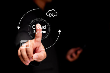 A person interacts with a digital interface, focusing on a cloud system concept, emphasizing technology and data management.