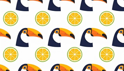 Obraz premium Colorful tropical toucan heads with orange slices in a playful repeating pattern on a white background