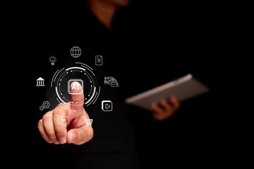A hand interacts with futuristic icons, signifying technology and AI, against a dark background, suggesting innovation and digital engagement.