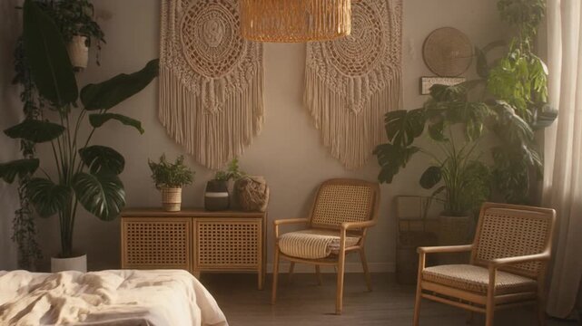 Bohemian bedroom decor with macrame wall hangings and rattan furniture
