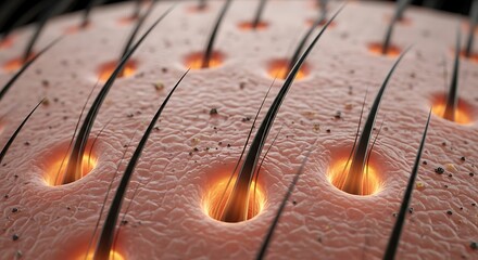 Close-Up of Human Skin with Porcupine-like Hair Follicles and Glowing Hair Roots for Medical and Skin Care Concepts