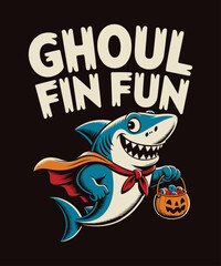 Obraz premium Ghoul fin fun halloween shark cartoon vector graphic illustration for kids and adults design idea
