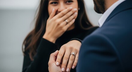 Marriage proposal with surprised woman showing engagement ring in close-up. Marriage proposal captures genuine emotion, engagement moment, and shared commitment.