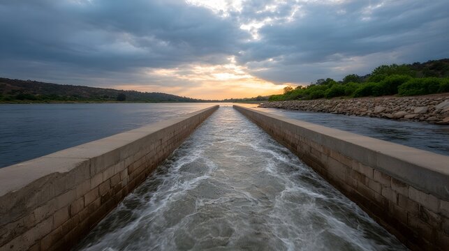 Dramatic sunset light breaks through stormy clouds illuminating turbulent water flowing through a concrete spillway - Powered by Adobe