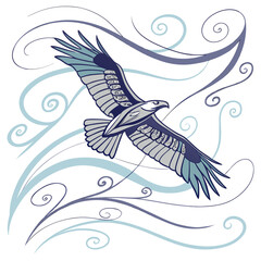 Stylized eagle soaring amidst swirling blue and purple lines