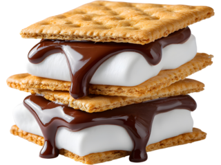 Stack of s’mores with melted chocolate and toasted marshmallows isolated on transparent background, perfect for dessert or camping visuals.