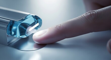 Close-Up of Person Using Finger to Operate Modern Electronic Device or Sensor Button with Blue Lights for Technology, Innovation, or Security Applications