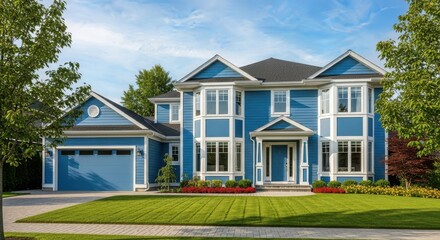 A beautiful blue two story house with a garage isolated on white background