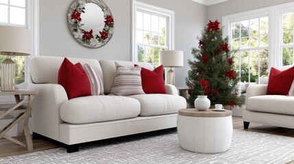 Warm and inviting living space features a plaid sofa and a sparkling Christmas tree, creating a festive atmosphere for gatherings